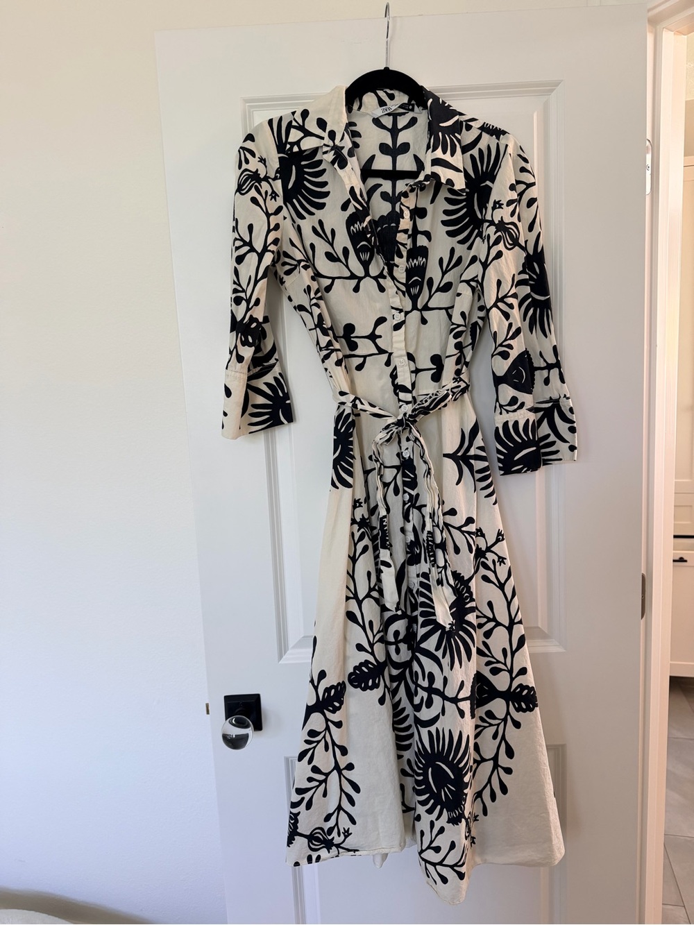 Zara Black & Cream Floral Midi Shirt Dress with Tie Waist